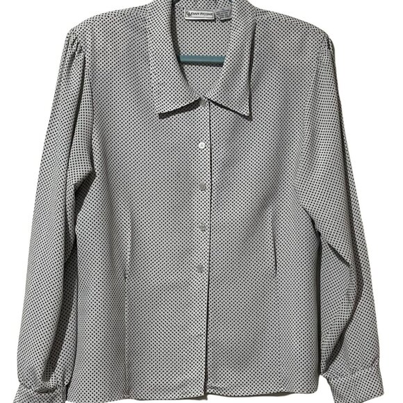 Evan-Picone Womens Black & White Polka Dot Button-Up Blouse Size 14 Long Sleeve - Picture 1 of 7